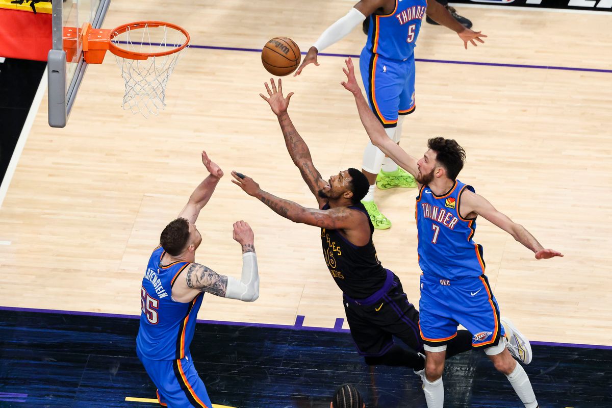 Marcus Smart #36 of the Los Angeles Lakers makes a go-ahead basket in the final minutes during an NBA Playoffs basketball game against the Oklahoma City Thunder, Monday May 11, 2026 in Los Angeles, Calif.