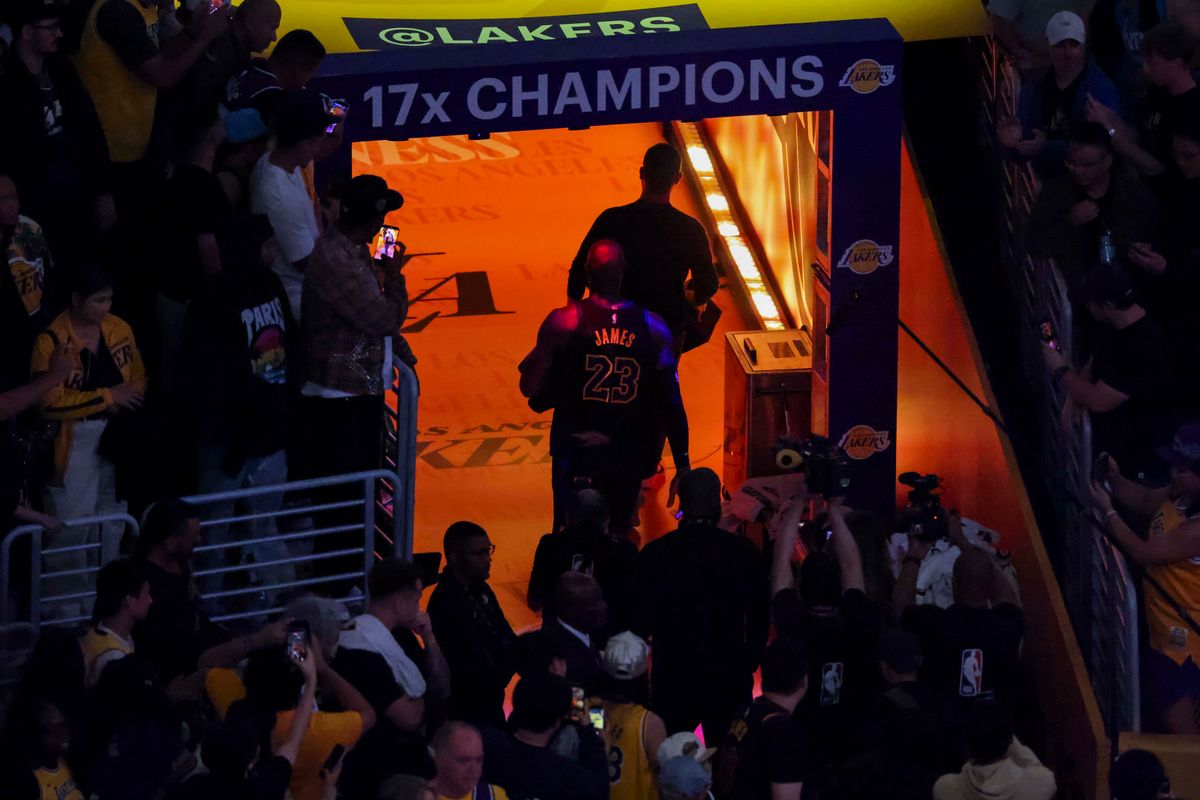 LeBron James #23 of the Los Angeles Lakers walks off the court for the final time this season after being eliminated from the NBA Playoffs by the Oklahoma City Thunder, Monday May 11, 2026 in Los Angeles, Calif.