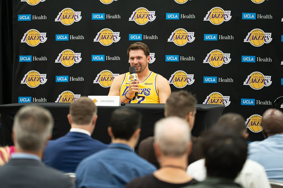 Los Angeles Lakers guard Luka Doncic (77) answers questions during Media Day at the UCLA Health Training Center, Monday, Sept. 28, 2026, in El Segundo, California. Los Angeles Lakers guard Luka Doncic (77) answers questions during Media Day at the UCLA Health Training Center, Monday, Sept. 28, 2026, in El Segundo, California.