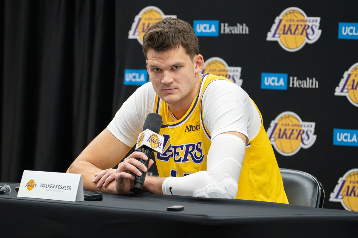 Los Angeles Lakers center Walker Kessler (14) answers questions during Media Day at the UCLA Health Training Center, Monday, Sept. 28, 2026, in El Segundo, California. Los Angeles Lakers center Walker Kessler (14) answers questions during Media Day at the UCLA Health Training Center, Monday, Sept. 28, 2026, in El Segundo, California.
