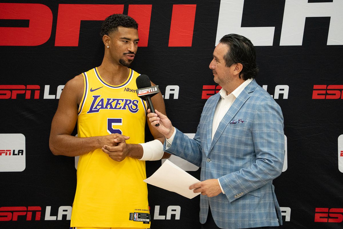 Los Angeles Lakers guard Quentin Grimes (5) is interviewed during Media Day at the UCLA Health Training Center, Monday, Sept. 28, 2026, in El Segundo, California. Los Angeles Lakers guard Quentin Grimes (5) is interviewed during Media Day at the UCLA Health Training Center, Monday, Sept. 28, 2026, in El Segundo, California.