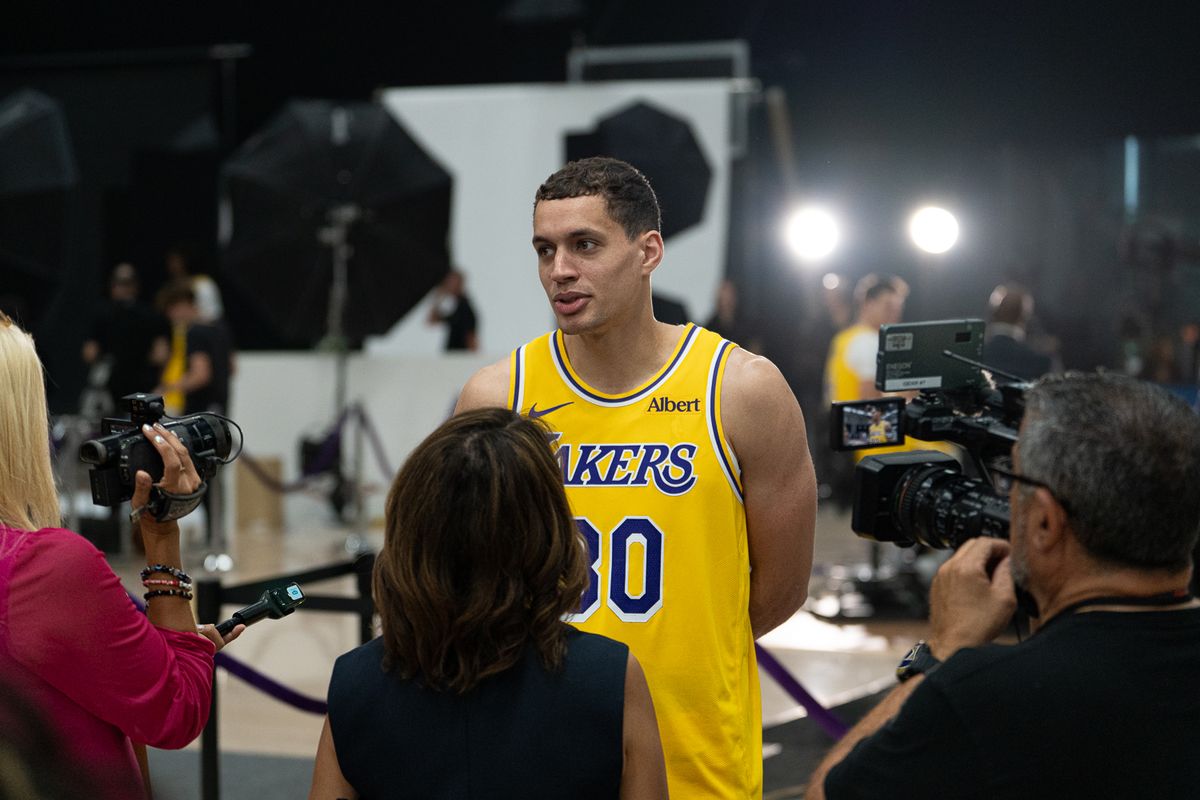 Los Angeles Lakers guard Chris Manon (30) answers questions during Media Day at the UCLA Health Training Center, Monday, Sept. 28, 2026, in El Segundo, California. Los Angeles Lakers guard Chris Manon (30) answers questions during Media Day at the UCLA Health Training Center, Monday, Sept. 28, 2026, in El Segundo, California.