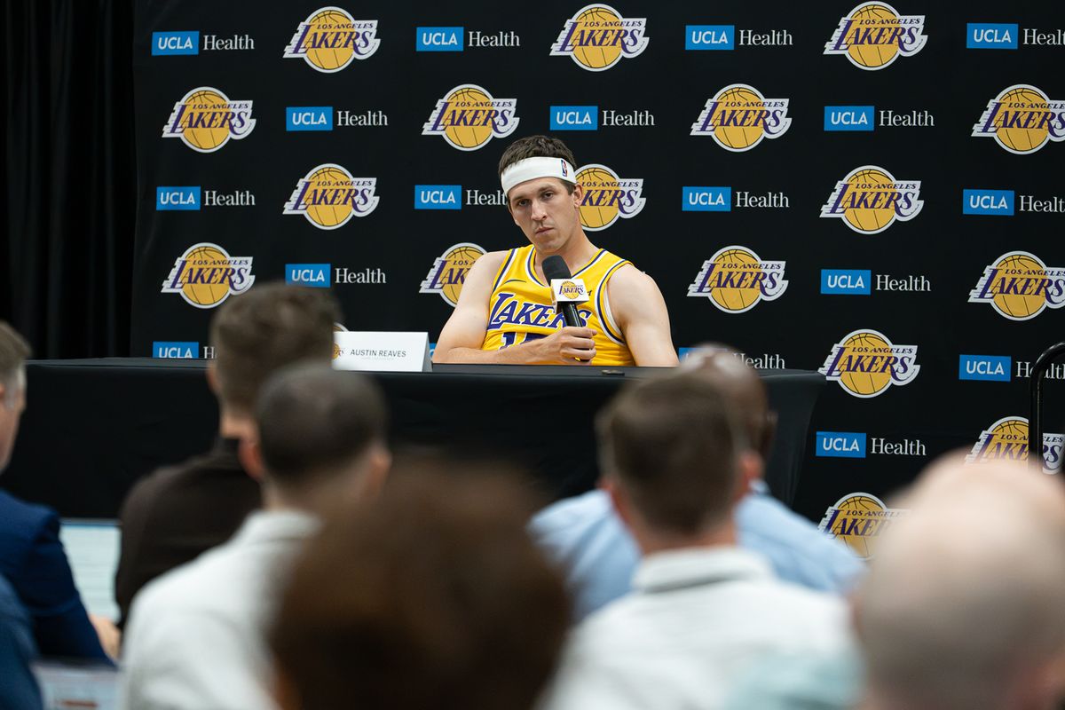 Los Angeles Lakers guard Austin Reaves (15) answers questions during Media Day at the UCLA Health Training Center, Monday, Sept. 28, 2026, in El Segundo, California. Los Angeles Lakers guard Austin Reaves (15) answers questions during Media Day at the UCLA Health Training Center, Monday, Sept. 28, 2026, in El Segundo, California.