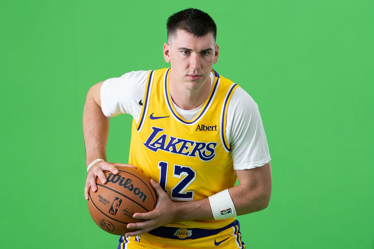 Los Angeles Lakers forward Jake LaRavia (12) answers questions during Media Day at the UCLA Health Training Center, Monday, Sept. 28, 2026, in El Segundo, California. Los Angeles Lakers forward Jake LaRavia (12) answers questions during Media Day at the UCLA Health Training Center, Monday, Sept. 28, 2026, in El Segundo, California.