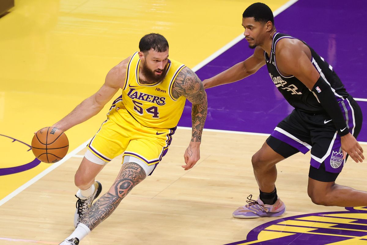 Los Angeles Lakers F Sandro Mamukelashvili (54) dribbles the ball during an NBA basketball game against the Sacramento Kings, Thursday October 8, 2026 in Los Angeles, Calif. Los Angeles Lakers F Sandro Mamukelashvili (54) dribbles the ball during an NBA basketball game against the Sacramento Kings, Thursday October 8, 2026 in Los Angeles, Calif.