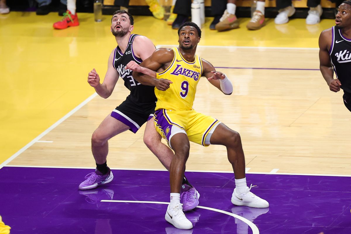 Los Angeles Lakers G Bronny James (9) boxes out for a rebound during an NBA basketball game against the Sacramento Kings, Thursday October 8, 2026 in Los Angeles, Calif. Los Angeles Lakers G Bronny James (9) boxes out for a rebound during an NBA basketball game against the Sacramento Kings, Thursday October 8, 2026 in Los Angeles, Calif.