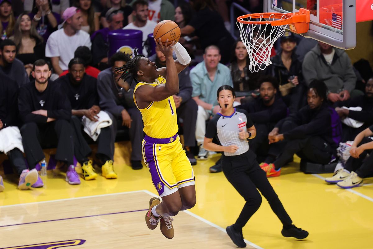 Los Angeles Lakers F Adou Thiero (1) shoots the ball during an NBA basketball game against the Sacramento Kings, Thursday October 8, 2026 in Los Angeles, Calif. Los Angeles Lakers F Adou Thiero (1) shoots the ball during an NBA basketball game against the Sacramento Kings, Thursday October 8, 2026 in Los Angeles, Calif.