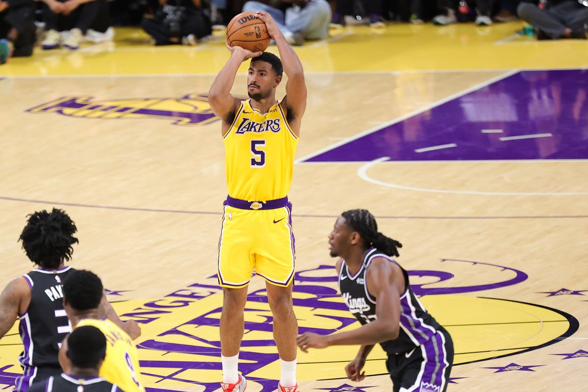 Los Angeles Lakers G Quentin Grimes (5) shoots the ball during an NBA basketball game against the Sacramento Kings, Thursday October 8, 2026 in Los Angeles, Calif. Los Angeles Lakers G Quentin Grimes (5) shoots the ball during an NBA basketball game against the Sacramento Kings, Thursday October 8, 2026 in Los Angeles, Calif.