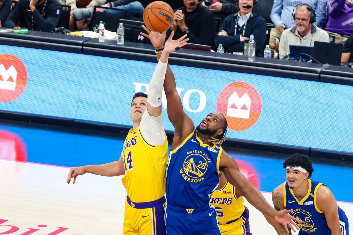 Los Angeles Lakers center Walker Kessler (14) and Golden State Warriors center Charles Bassey (28) tip-off during the first quarter of a basketball game between the Golden State Warriors and Los Angeles Lakers at T-Mobile Arena in Las Vegas, NV, Tuesday, Oct. 13, 2026. Los Angeles Lakers center Walker Kessler (14) and Golden State Warriors center Charles Bassey (28) tip-off during the first quarter of a basketball game between the Golden State Warriors and Los Angeles Lakers at T-Mobile Arena in Las Vegas, NV, Tuesday, Oct. 13, 2026.