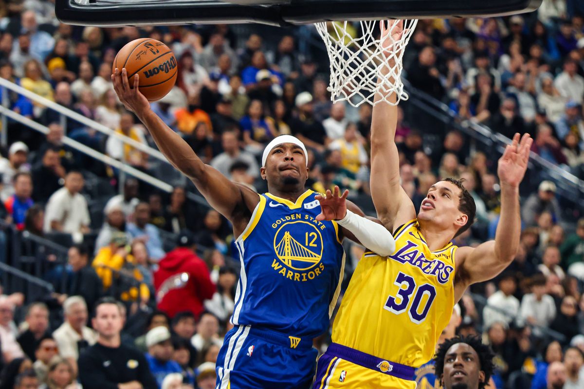 Golden State Warriors guard Brandon Williams (12) shoots a lay up guarded by Los Angeles Lakers guard Chris Manon (30) during the second quarter of a basketball game between the Golden State Warriors and Los Angeles Lakers at T-Mobile Arena in Las Vegas, NV, Tuesday, Oct. 13, 2026. Golden State Warriors guard Brandon Williams (12) shoots a lay up guarded by Los Angeles Lakers guard Chris Manon (30) during the second quarter of a basketball game between the Golden State Warriors and Los Angeles Lakers at T-Mobile Arena in Las Vegas, NV, Tuesday, Oct. 13, 2026.