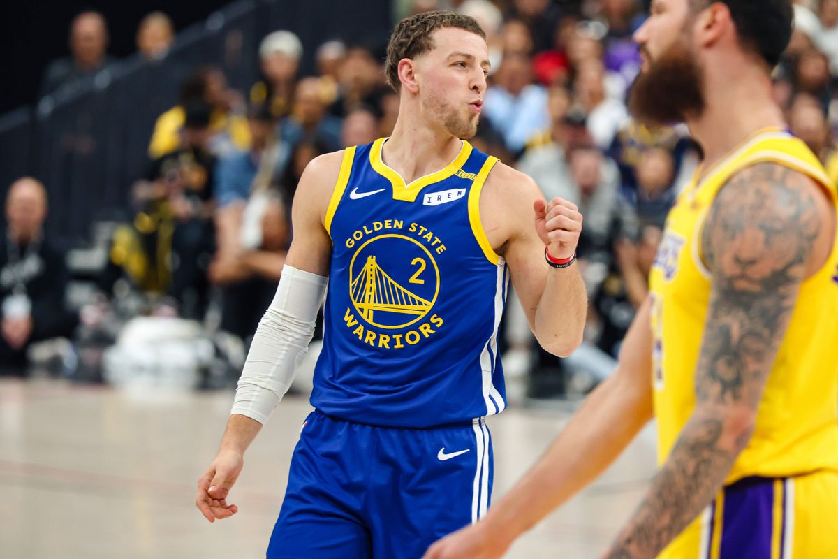 Golden State Warriors guard Brandin Podziemski (2) reacts after scoring during the second quarter of a basketball game between the Golden State Warriors and Los Angeles Lakers at T-Mobile Arena in Las Vegas, NV, Tuesday, Oct. 13, 2026. Golden State Warriors guard Brandin Podziemski (2) reacts after scoring during the second quarter of a basketball game between the Golden State Warriors and Los Angeles Lakers at T-Mobile Arena in Las Vegas, NV, Tuesday, Oct. 13, 2026.