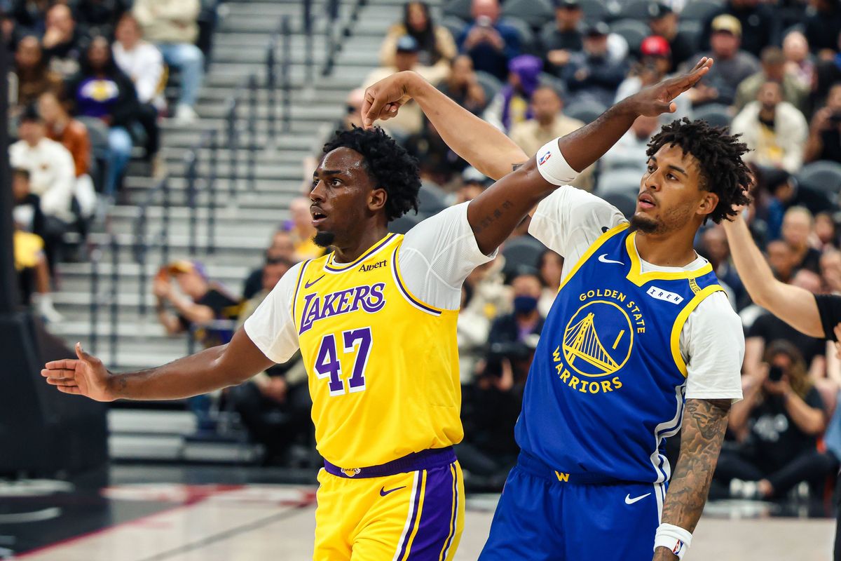 Los Angeles Lakers forward Arthur Kaluma (47) defends against Golden State Warriors forward Yaxel Lendeborg (1) during the second quarter of a basketball game between the Golden State Warriors and Los Angeles Lakers at T-Mobile Arena in Las Vegas, NV, Tuesday, Oct. 13, 2026. Los Angeles Lakers forward Arthur Kaluma (47) defends against Golden State Warriors forward Yaxel Lendeborg (1) during the second quarter of a basketball game between the Golden State Warriors and Los Angeles Lakers at T-Mobile Arena in Las Vegas, NV, Tuesday, Oct. 13, 2026.