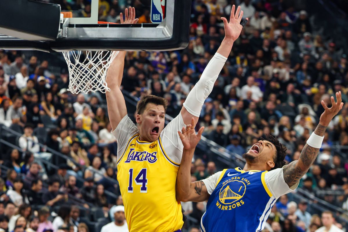 Los Angeles Lakers center Walker Kessler (14) commits a technical foul against Golden State Warriors forward Yaxel Lendeborg (1) during the second quarter of a basketball game between the Golden State Warriors and Los Angeles Lakers at T-Mobile Arena in Las Vegas, NV, Tuesday, Oct. 13, 2026. Los Angeles Lakers center Walker Kessler (14) commits a technical foul against Golden State Warriors forward Yaxel Lendeborg (1) during the second quarter of a basketball game between the Golden State Warriors and Los Angeles Lakers at T-Mobile Arena in Las Vegas, NV, Tuesday, Oct. 13, 2026.