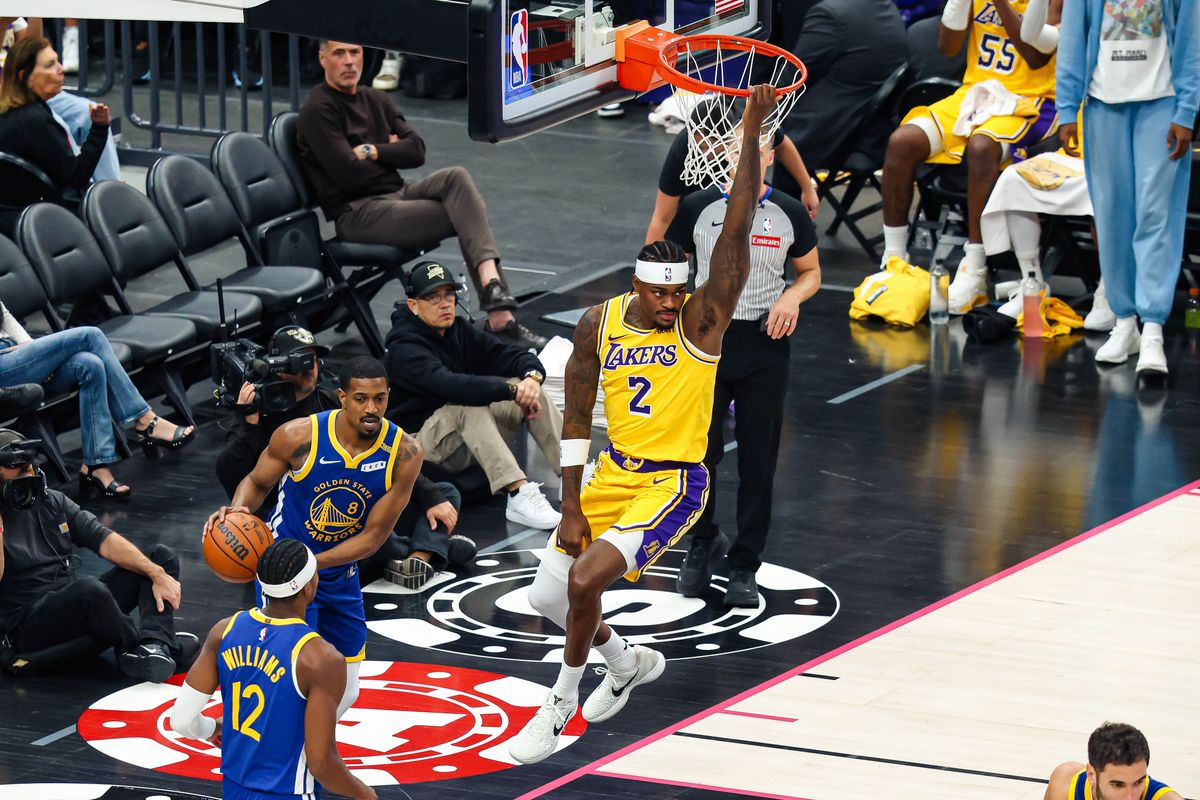 Los Angeles Lakers forward Jarred Vanderbilt (2) dunks the ball during the third quarter of a basketball game between the Golden State Warriors and Los Angeles Lakers at T-Mobile Arena in Las Vegas, NV, Tuesday, Oct. 13, 2026. Los Angeles Lakers forward Jarred Vanderbilt (2) dunks the ball during the third quarter of a basketball game between the Golden State Warriors and Los Angeles Lakers at T-Mobile Arena in Las Vegas, NV, Tuesday, Oct. 13, 2026.