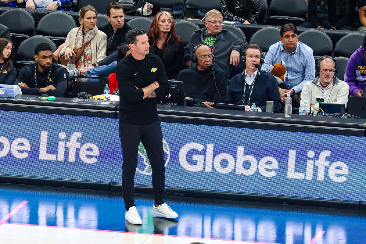 Los Angeles Lakers head coach JJ Redick watches the game during the third quarter of a basketball game between the Golden State Warriors and Los Angeles Lakers at T-Mobile Arena in Las Vegas, NV, Tuesday, Oct. 13, 2026. Los Angeles Lakers head coach JJ Redick watches the game during the third quarter of a basketball game between the Golden State Warriors and Los Angeles Lakers at T-Mobile Arena in Las Vegas, NV, Tuesday, Oct. 13, 2026.