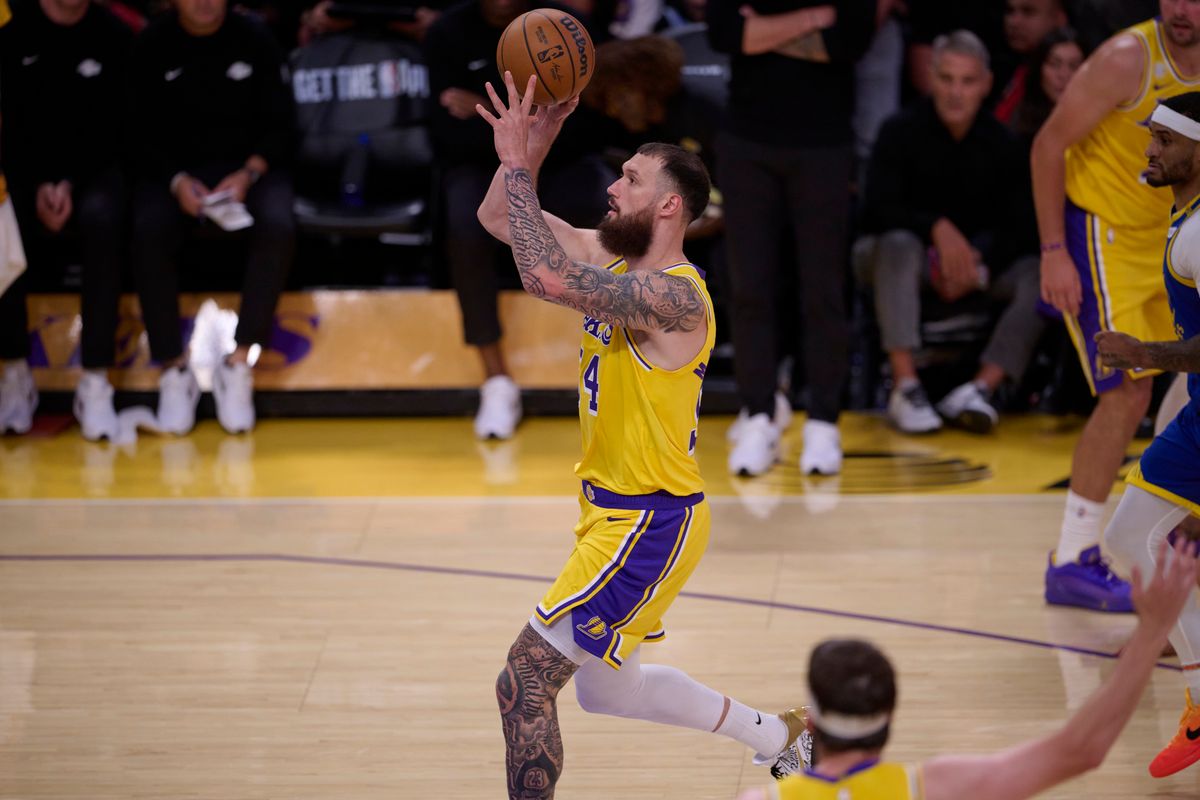 The Los Angeles Lakers forward Sandro Mamukelashvili (54) shoots the ball during an NBA basketball game against The Golden State Warriors on October 21st, 2026 at crypto Arena in Los Angeles, California The Los Angeles Lakers forward Sandro Mamukelashvili (54) shoots the ball during an NBA basketball game against The Golden State Warriors on October 21st, 2026 at crypto Arena in Los Angeles, California