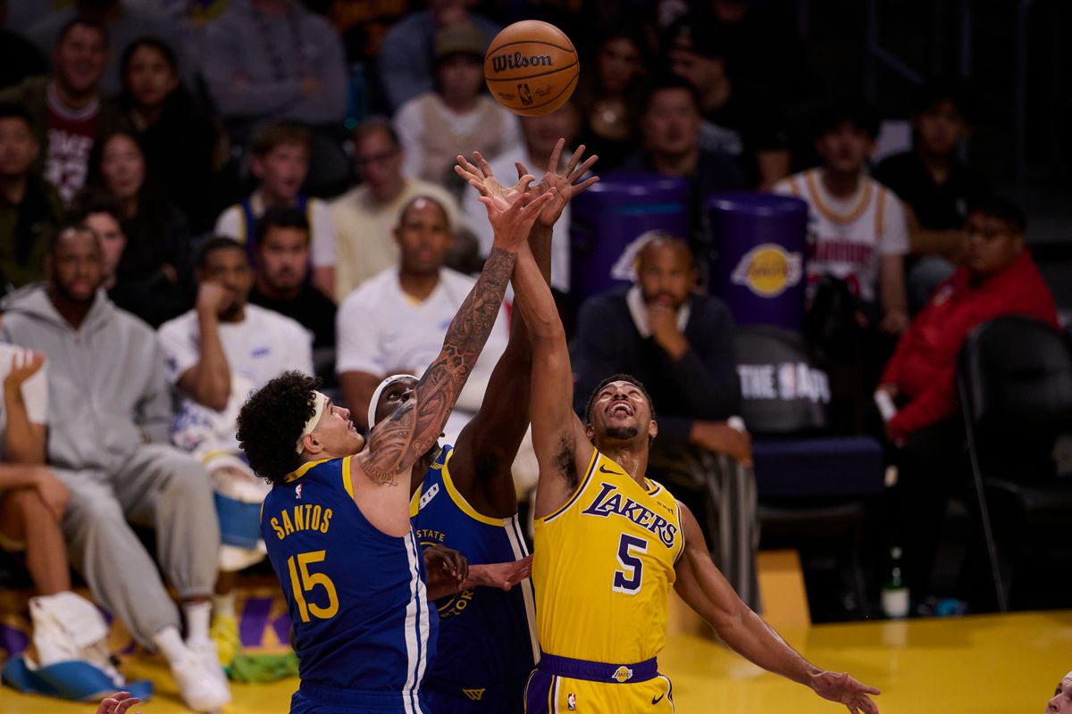 The Los Angeles Lakers guard Quentin Grimes (5) jumps for the ball during an NBA basketball game against The Golden State Warriors on October 21st, 2026 at crypto Arena in Los Angeles, California The Los Angeles Lakers guard Quentin Grimes (5) jumps for the ball during an NBA basketball game against The Golden State Warriors on October 21st, 2026 at crypto Arena in Los Angeles, California
