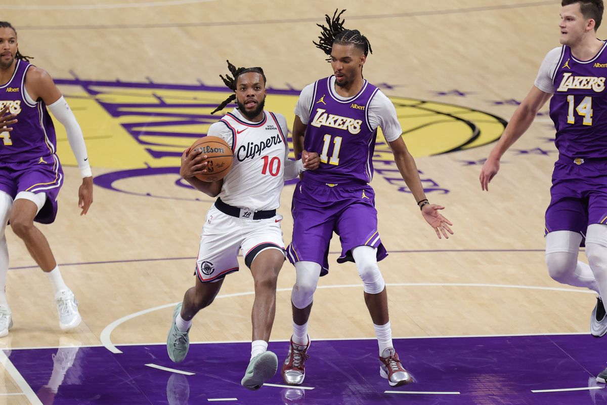 Los Angeles Clippers G Darius Garland (10) attacks the basket during an NBA basketball game against the Los Angeles Lakers, Friday October 23, 2026 in Los Angeles, Calif. Los Angeles Clippers G Darius Garland (10) attacks the basket during an NBA basketball game against the Los Angeles Lakers, Friday October 23, 2026 in Los Angeles, Calif.