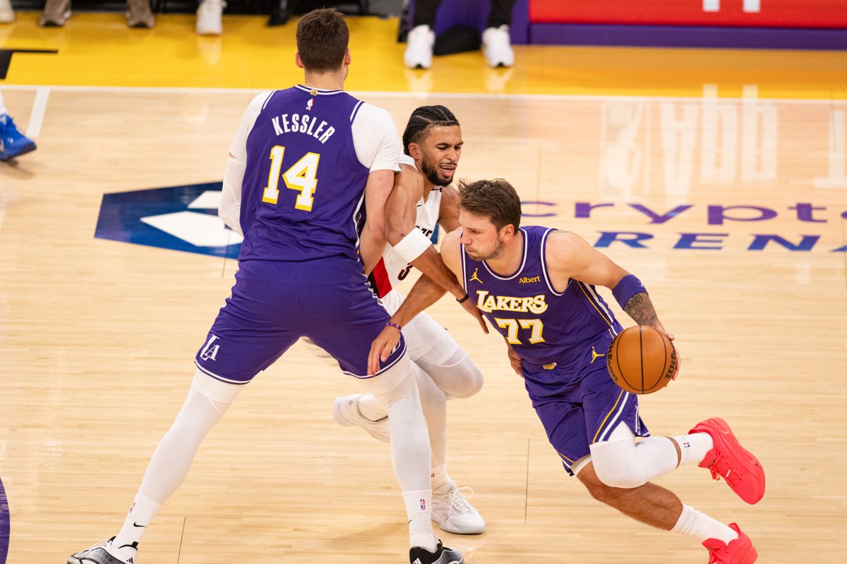 Los Angeles Lakers guard Luka Doncic (77) moves around a screen and drives to the basket during an NBA basketball game against Portland Trailblazers, Tuesday, October 27, 2026 in Los Angeles. Los Angeles Lakers guard Luka Doncic (77) moves around a screen and drives to the basket during an NBA basketball game against Portland Trailblazers, Tuesday, October 27, 2026 in Los Angeles.