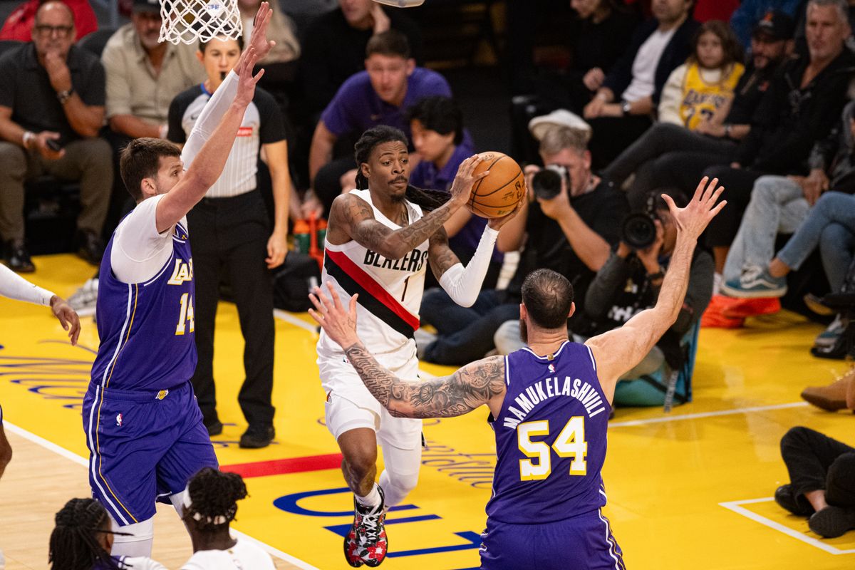 Portland Trailblazers guard Ja Morant (1) drives for a layup during an NBA basketball game against Los Angeles Lakers, Tuesday, October 27, 2026 in Los Angeles. Portland Trailblazers guard Ja Morant (1) drives for a layup during an NBA basketball game against Los Angeles Lakers, Tuesday, October 27, 2026 in Los Angeles.