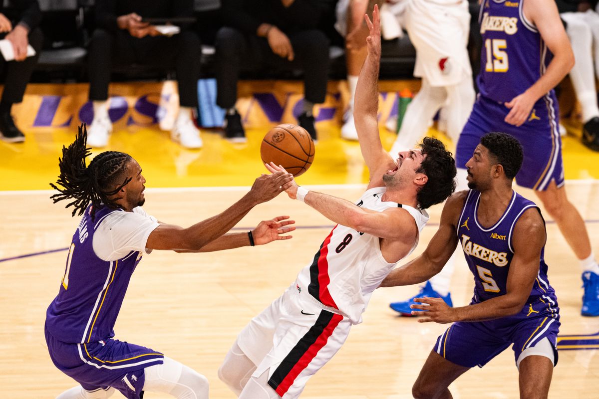 Portland Trailblazers forward Deni Avdija (8) gets fouled in the paint during an NBA basketball game against Los Angeles Lakers, Tuesday, October 27, 2026 in Los Angeles. Portland Trailblazers forward Deni Avdija (8) gets fouled in the paint during an NBA basketball game against Los Angeles Lakers, Tuesday, October 27, 2026 in Los Angeles.