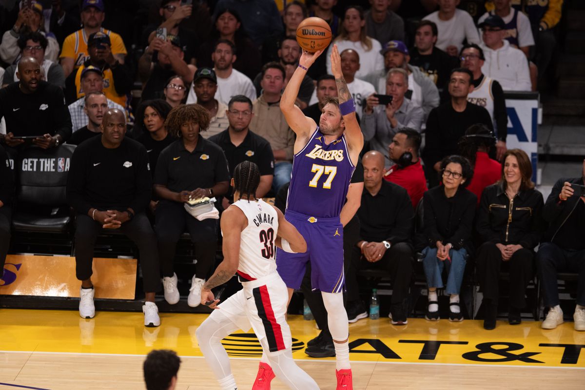 Los Angeles Lakers guard Luka Doncic (77) fires a three pointer during an NBA basketball game against Portland Trailblazers, Tuesday, October 27, 2026 in Los Angeles. Los Angeles Lakers guard Luka Doncic (77) fires a three pointer during an NBA basketball game against Portland Trailblazers, Tuesday, October 27, 2026 in Los Angeles.