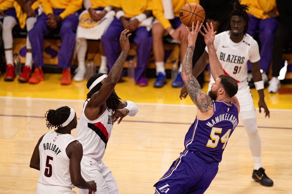 Los Angeles Lakers forward Sandro Mamukelashvili (54) takes a fadeaway jumper during an NBA basketball game against Portland Trailblazers, Tuesday, October 27, 2026 in Los Angeles. Los Angeles Lakers forward Sandro Mamukelashvili (54) takes a fadeaway jumper during an NBA basketball game against Portland Trailblazers, Tuesday, October 27, 2026 in Los Angeles.