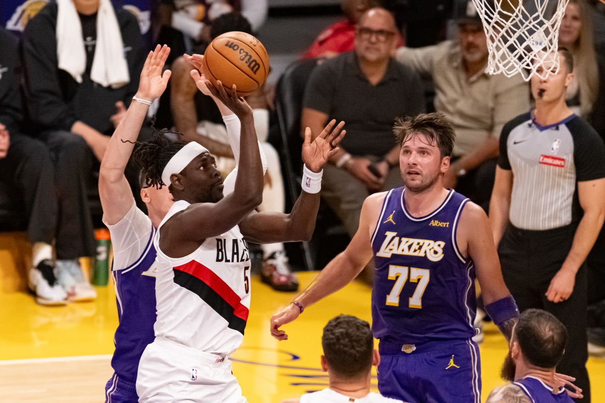 Portland Trailblazers guard Jrue Holiday (5) drives for a floater during an NBA basketball game against Los Angeles Lakers, Tuesday, October 27, 2026 in Los Angeles. Portland Trailblazers guard Jrue Holiday (5) drives for a floater during an NBA basketball game against Los Angeles Lakers, Tuesday, October 27, 2026 in Los Angeles.