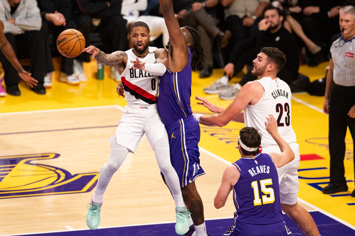 Portland Trailblazers guard Damian Lillard (0) throws out a pass after getting locked out on defense during an NBA basketball game against Los Angeles Lakers, Tuesday, October 27, 2026 in Los Angeles. Portland Trailblazers guard Damian Lillard (0) throws out a pass after getting locked out on defense during an NBA basketball game against Los Angeles Lakers, Tuesday, October 27, 2026 in Los Angeles.