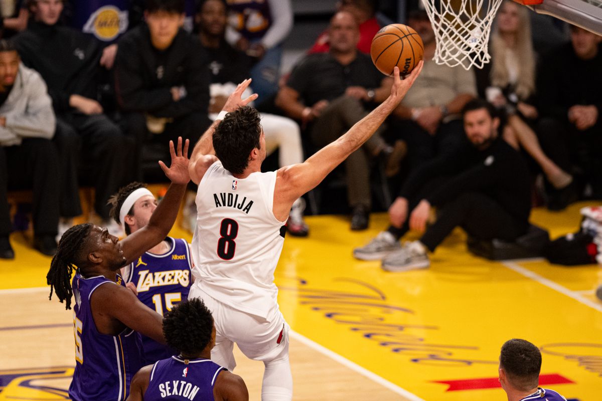 Portland Trailblazers forward Deni Avdija (8) drives for a easy layup during an NBA basketball game against Los Angeles Lakers, Tuesday, October 27, 2026 in Los Angeles. Portland Trailblazers forward Deni Avdija (8) drives for a easy layup during an NBA basketball game against Los Angeles Lakers, Tuesday, October 27, 2026 in Los Angeles.