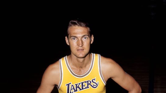 Los Angeles Lakers guard Jerry West (44) in a portrait session at The Forum. 