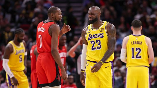 LeBron vs. KD: Short-handed Lakers set to face Rockets in first round taken in Los Angeles (Los Angeles Lakers). Photo by Troy Taormina-Imagn Images