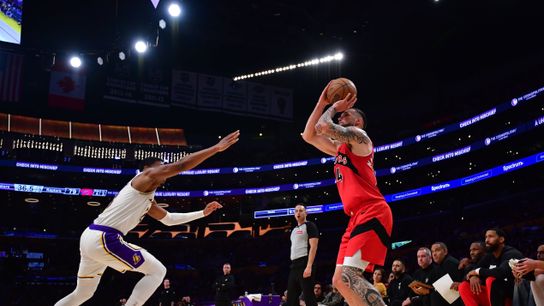Jan 18, 2026; Los Angeles, California, USA; Toronto Raptors forward Sandro Mamukelashvili (54) shoots as Los Angeles Lakers forward Rui Hachimura (28) moves in during the second half at Crypto.com Arena. Jan 18, 2026; Los Angeles, California, USA; Toronto Raptors forward Sandro Mamukelashvili (54) shoots as Los Angeles Lakers forward Rui Hachimura (28) moves in during the second half at Crypto.com Arena.