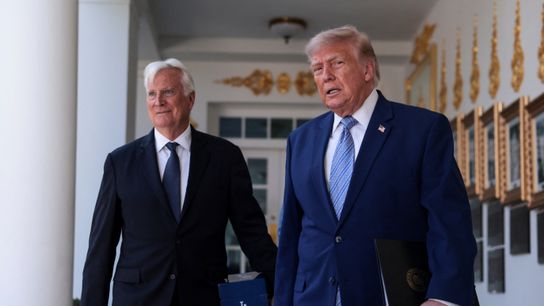 U.S. President Donald Trump, flanked by Mark Walter, CEO of Guggenheim Partners, walks as he hosts a reception for the reigning Major League Baseball (MLB) World Series champion Los Angeles Dodgers in the Rose Garden at the White House. U.S. President Donald Trump, flanked by Mark Walter, CEO of Guggenheim Partners, walks as he hosts a reception for the reigning Major League Baseball (MLB) World Series champion Los Angeles Dodgers in the Rose Garden at the White House.
