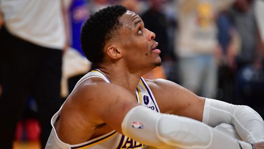 Los Angeles Lakers guard Russell Westbrook (0) reacts following the loss against the Philadelphia 76ers at Crypto.com Arena. Los Angeles Lakers guard Russell Westbrook (0) reacts following the loss against the Philadelphia 76ers at Crypto.com Arena.