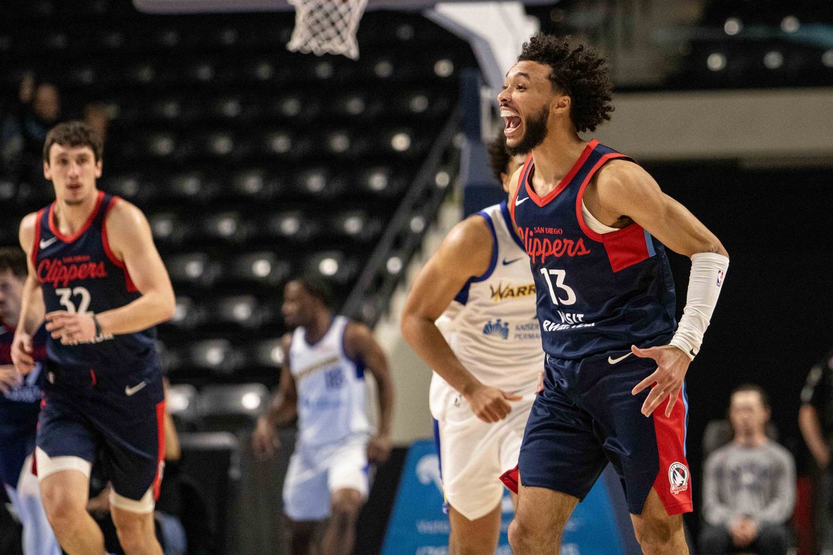 SD Clippers guard Jaelen House (13) reacts after a play during a G-League basketball game between the Santa Cruz Warriors and the San Diego Clippers Sunday, Dec. 14, 2025 at Frontwave Arena in Oceanside, CA. 