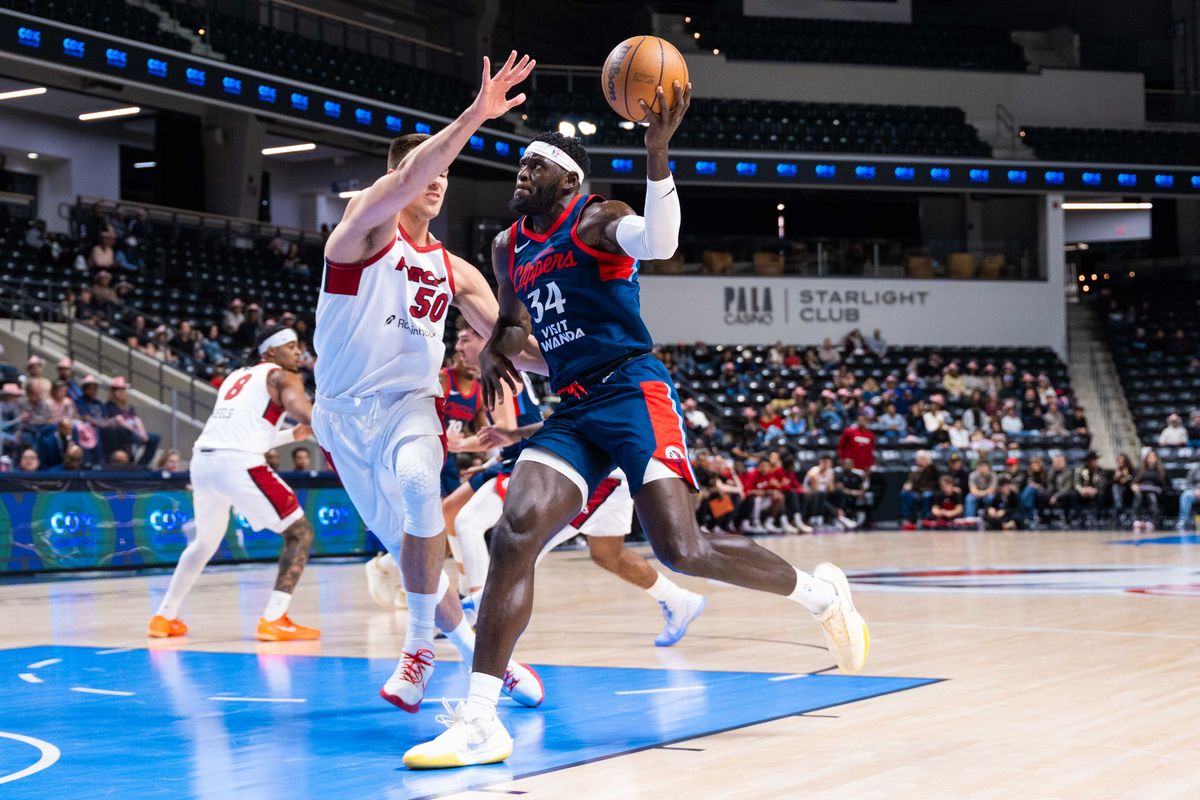 San Diego Clippers center Derek Ogbeide (34) goes up for a shot during a NBA G League Basketball game between Sioux Falls and San Diego, Sunday December 28, 2025 at Frontwave Arena in Oceanside, Calif.