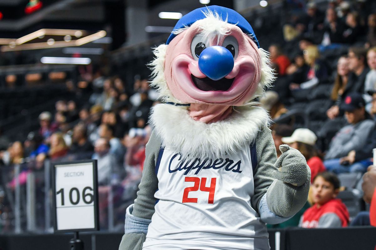 San Diego Clippers mascot Chuck The Condor during an G-League basketball  game against the Windy City Bulls Thursday January 15, 2026 in  Oceanside, Calif..
