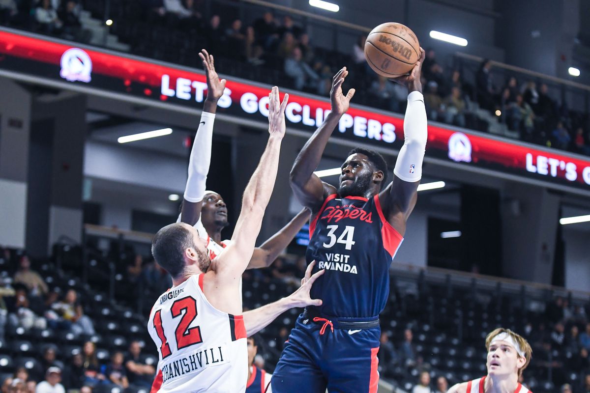 San Diego Clippers center Derek Ogbeide (34) takes a contested shot during an G-League basketball  game against the Windy City Bulls Thursday January 15, 2026 in  Oceanside, Calif.