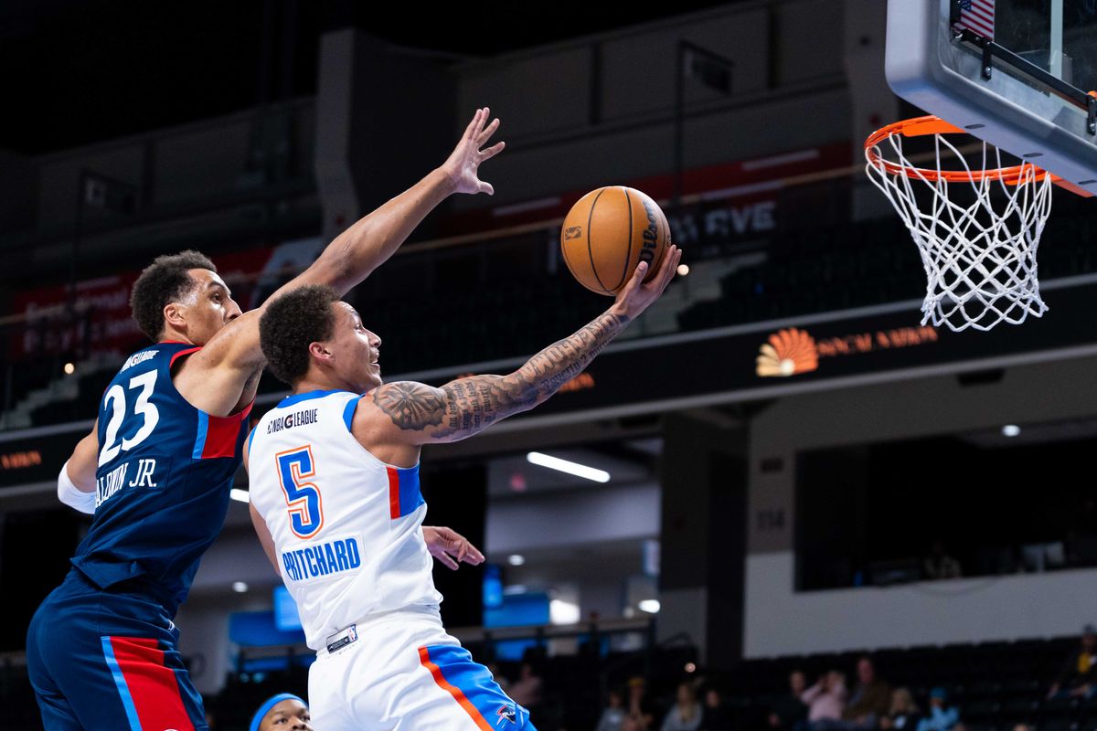 Oklahoma City Blue guard Anthony Pritchard (5) attempts a layup during an NBA G League Basketball game between the Oklahoma City Blue and the San Diego Clippers, Friday January 23, 2026 in Oceanside, Calif.