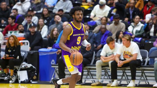 #9 Bronny James of the South Bay Lakers dribbles the ball up court against the Rip City Remix on January 24, 2025 at UCLA Health and Training Center