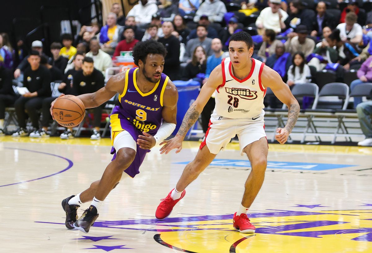 #9 Bronny James of the South Bay Lakers tries to dribble past a Rip City Remix defender on January 24, 2025 at UCLA Health and Training Center #9 Bronny James of the South Bay Lakers tries to dribble past a Rip City Remix defender on January 24, 2025 at UCLA Health and Training Center