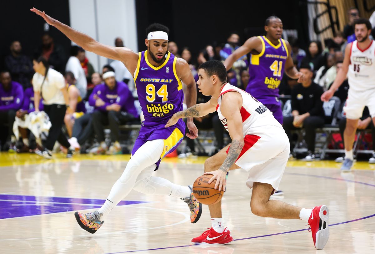 #94 Armel Traore of the South Bay Lakers on defense against the Rip City Remix on January 24, 2025 at UCLA Health and Training Center. #94 Armel Traore of the South Bay Lakers on defense against the Rip City Remix on January 24, 2025 at UCLA Health and Training Center.