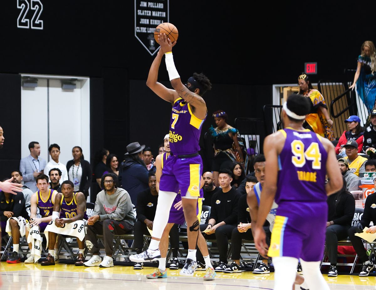 #9 Jordan Goodwin of the South Bay Lakers shoots a jump shot against the Texas Legends on January 29, 2025 at UCLA Health and Training Center