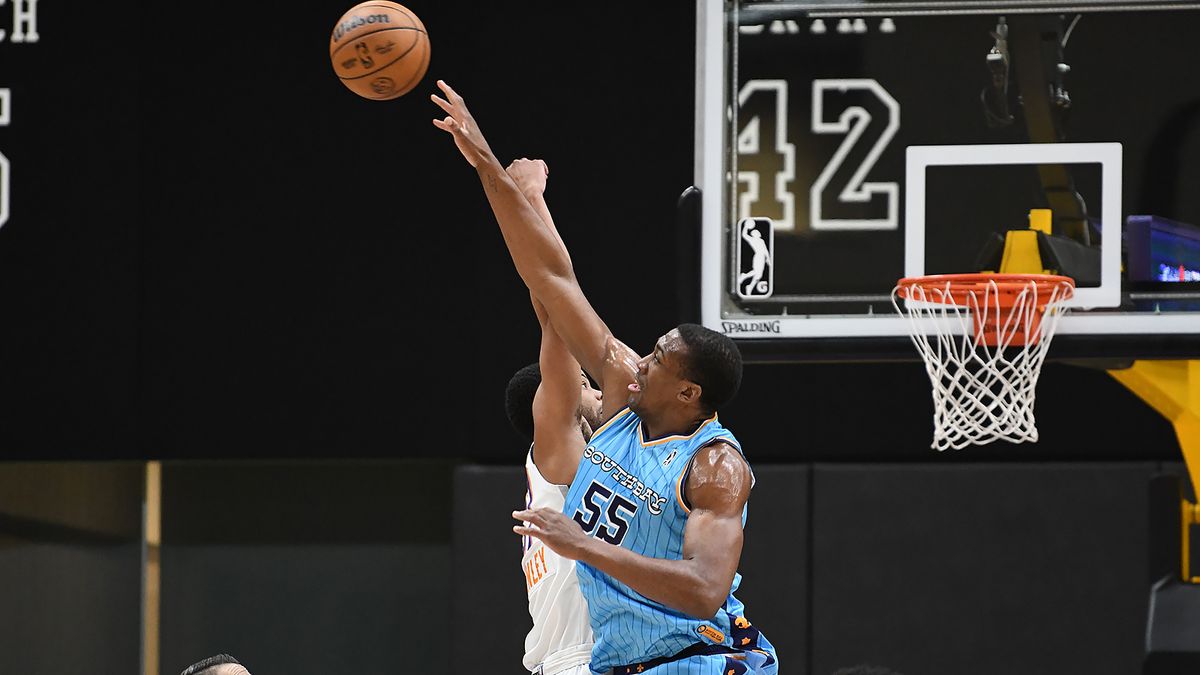 South Bay Lakers center Trey Jemison (55) blocks a short attempt from the Valley Suns during a NBA G League game on Friday, February 7, 2025 in El Segundo, Calif.