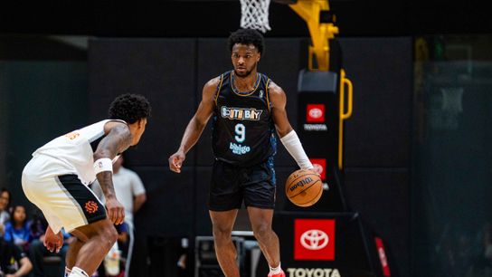 South Bay Lakers guard Bronny James (9) dribbles the ball up the court in a game against the Valley Suns, Saturday February 22, 2025, in El Segundo, Calif.