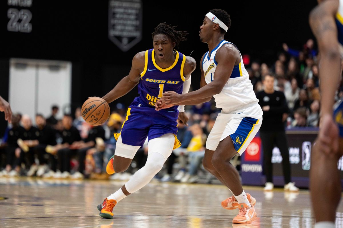 South Bay Lakers forward Adou Theiro (1) dribbles against a defender during an NBA G League basketball game against the Santa Cruz Warriors on Friday, Nov. 21, 2025, in El Segundo, Calif.