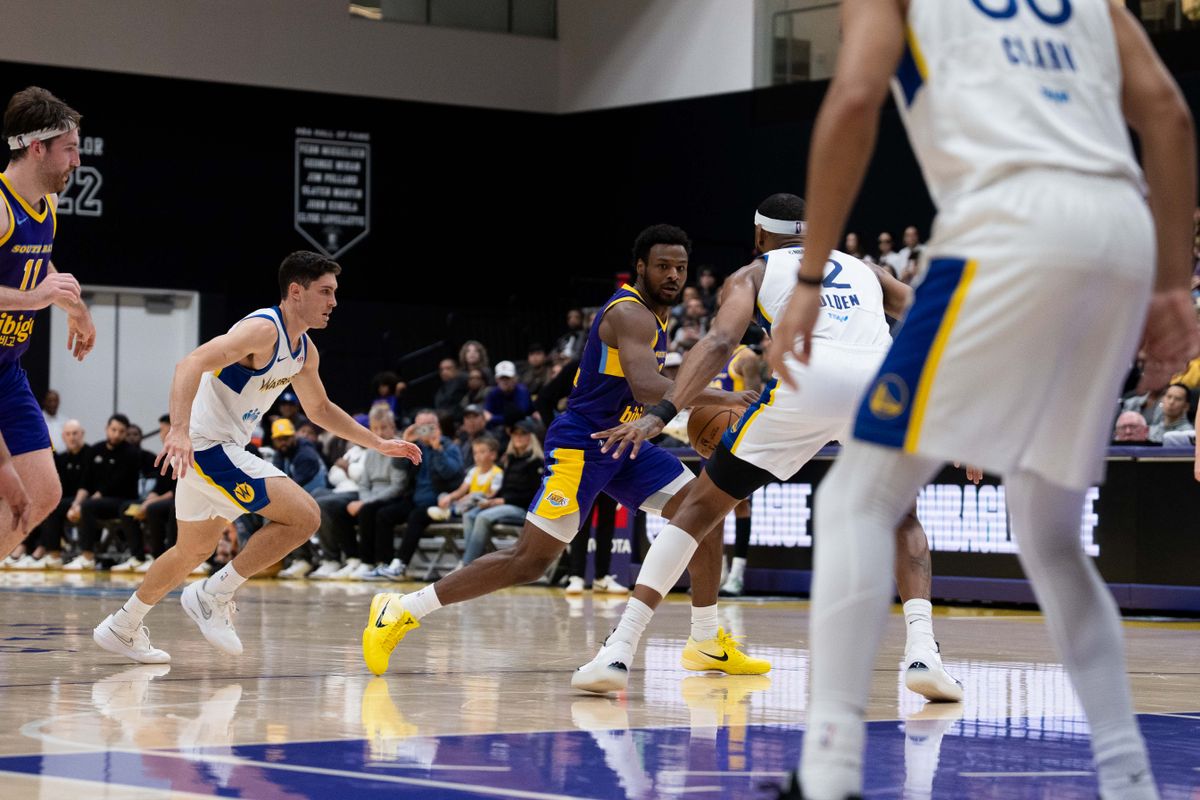 South Bay Lakers guard Bronny James Jr. (9) dribbles against a defender during an NBA G League basketball game against the Santa Cruz Warriors on Friday, Nov. 21, 2025, in El Segundo, Calif.