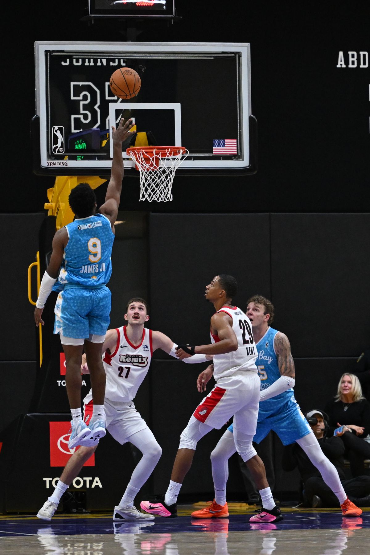 South Bay Lakers guard, Bronny James Jr, #9 makes a tear drop shot during an NBA G League basketball game against the Rip City Remix, Saturday December 13, 2025 at UCLA Health Training Center in El Segundo, Calif.