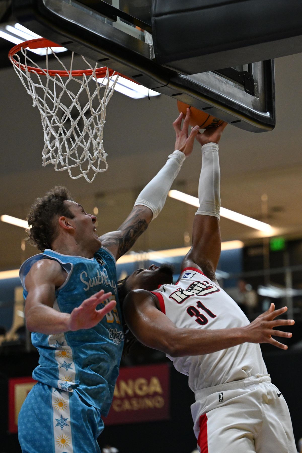 South Bay Lakers center, Kylor Kelley, #35 makes a block during an NBA G League basketball game against the Rip City Remix, Saturday December 13, 2025 at UCLA Health Training Center in El Segundo, Calif.